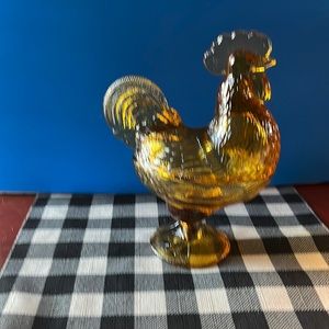 Vintage Mid Century Amber Glass Rooster on Nest Pedestal Candy Dish